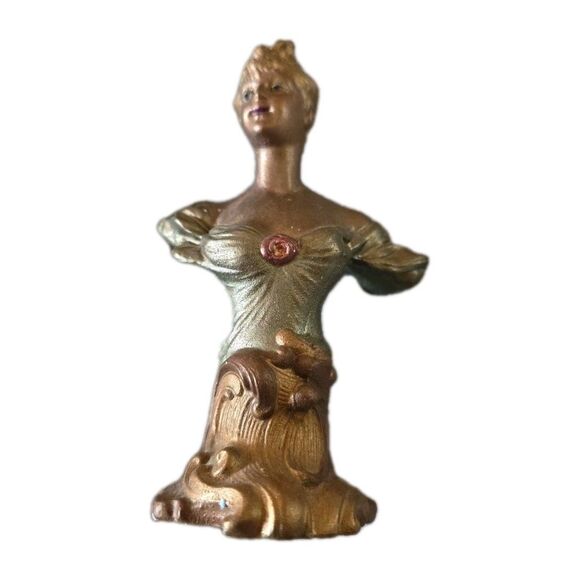 VTG Bust Figure Young Woman Victorian Dress Metal Bronze & Painted Finish 5.5